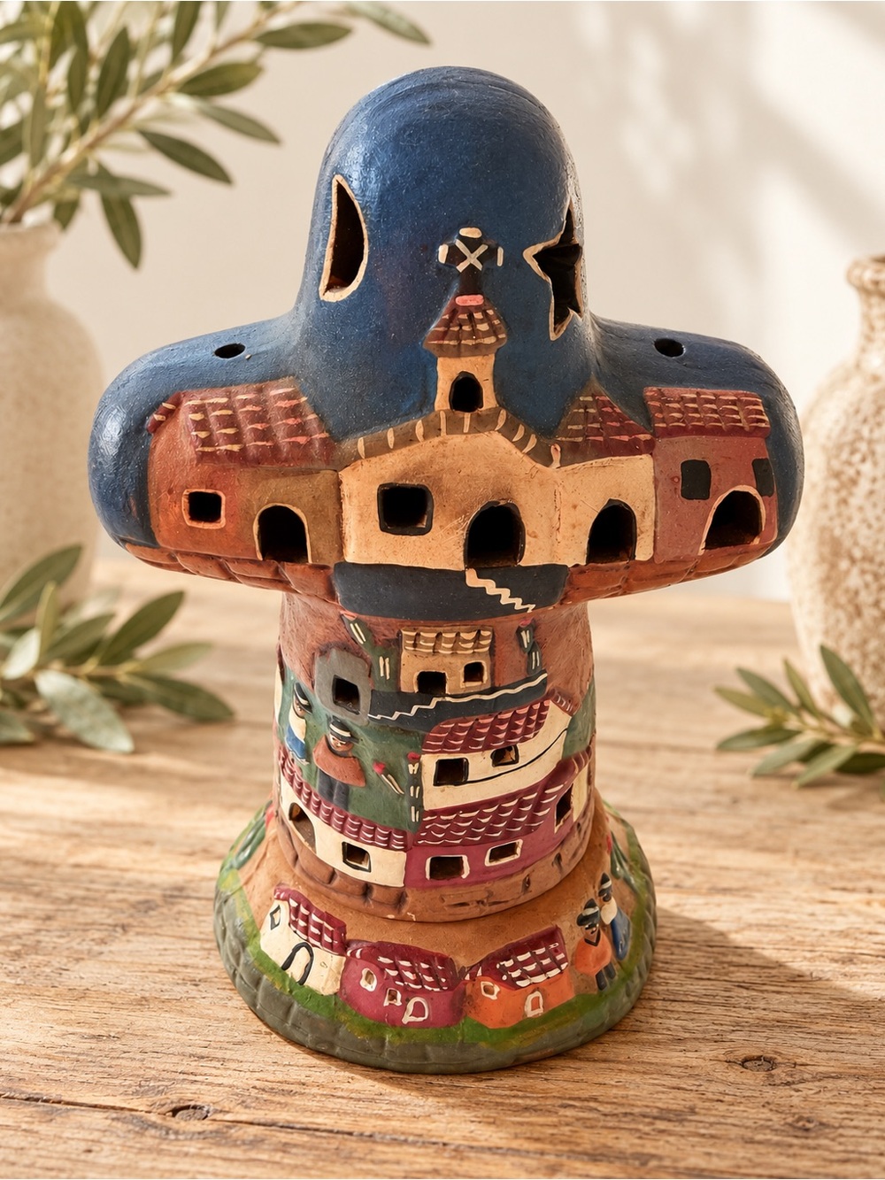 Vintage Folk Art Pottery Village Luminary Peruvian Andean Style 9.5”